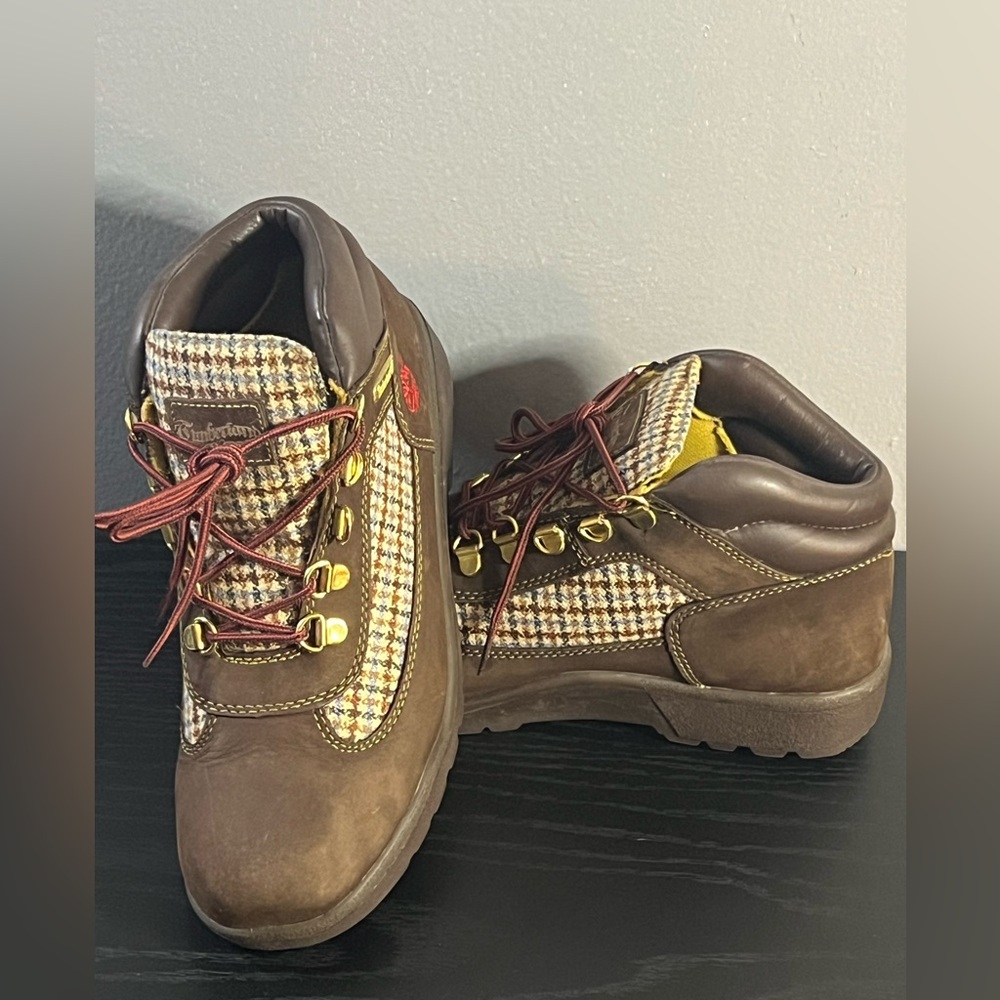 Timberland Brown Houndstooth Boots with Red Laces